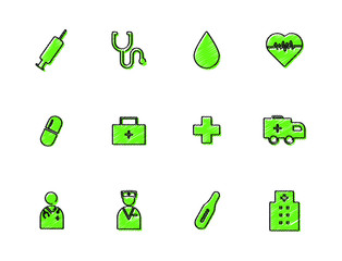 Hand rawn medical flat icons. Stroke vector elements for trendy and modern design. Vector line icons isolated on a white background. Vector illustration. Vintage texture icons.
