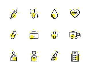 Hand rawn medical flat icons. Stroke vector elements for trendy and modern design. Vector line icons isolated on a white background. Vector illustration. Vintage texture icons.