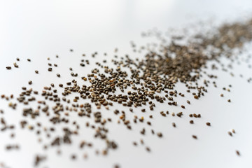 top view of line of chia seeds on a white background