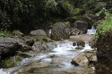 Beautiful landscape of river falls over mossy rocks, stones cover with moss, in a Mountain in Sichuan, China