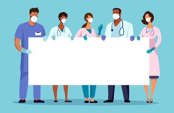 Medical team with a banner, place for text. Template for the design of the hospital, ambulance. Thanks to the doctors. Flat cartoon vector illustration.