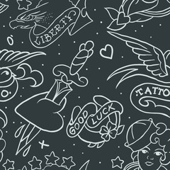 Old school tattoo seamless pattern. Cartoon vector  elements in funny style:anchor, dagger, skull, flower, star, heart, diamond, scull and swallow. Doodle in exercise book style