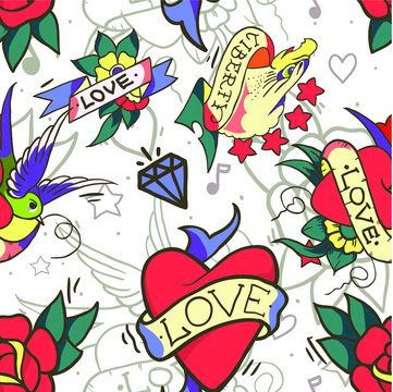 Old school tattoo seamless pattern. Cartoon vector elements in funny style: anchor, dagger, skull, flower, star, heart, diamond, scull and swallow. Doodle in exercise book style.