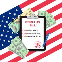Individual checks and dollars on american flag. Financial incentive bill. Coronavirus Covid-19 concept. vector illustration