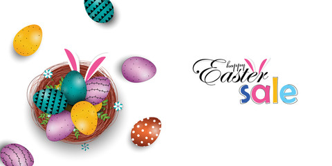 Easter Sale banner template with Colorful Painted Easter Eggs and nest.Easter eggs with different texture on white background.Vector illustration