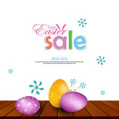 Happy Easter Poster and template with Easter eggs in the nest and flower on wood table background. Easter Day.Promotion and shopping template for Easter Day.Vector