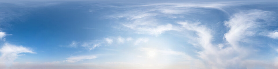 Seamless hdri panorama 360 degrees angle view blue sky with beautiful fluffy cumulus clouds with zenith for use in 3d graphics or game development as sky dome or edit drone shot