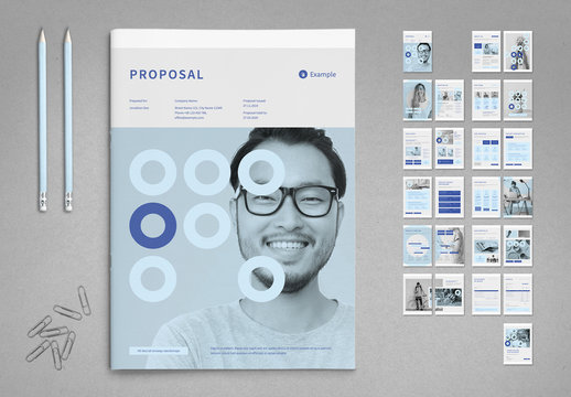 Agency Proposal Layout in Pale Blue and Light Gray