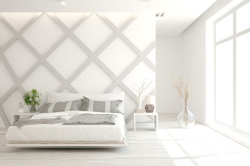 White bedroom interior. Scandinavian design. 3D illustration