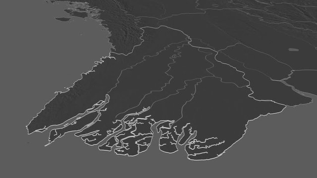 Ayeyarwady, division with its capital, zoomed and extruded on the bilevel map of Myanmar in the conformal Stereographic projection. Animation 3D