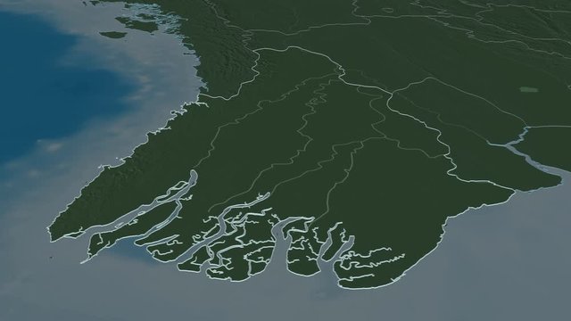 Ayeyarwady, division with its capital, zoomed and extruded on the administrative map of Myanmar in the conformal Stereographic projection. Animation 3D