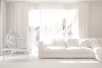 White minimalist living room with sofa. Scandinavian interior design. 3D illustration