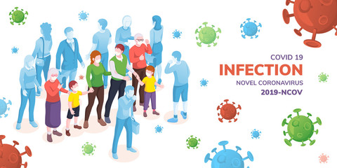 Fototapeta premium Covid-2019 banner or SARS-CoV-2 infection poster. People with mask and cough near SARS cells. Covid19 or coronavirus, covid-19 or 2019-ncov, novel corona virus disease. Chinese virus protection