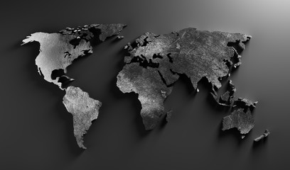 World map made of dark scratched metal. Modern wallpaper in grunge style