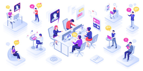 Call center with people or customer support centre, technical call line and feedback service. Office with man and woman in headset. Phone assistance banner design. Person with speech bubble