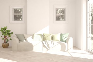White living room with sofa. Scandinavian interior design. 3D illustration