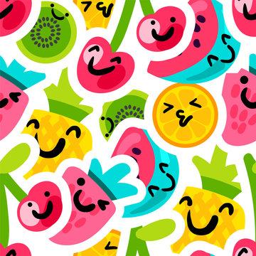 Fruits emoji stickers seamless vector pattern
