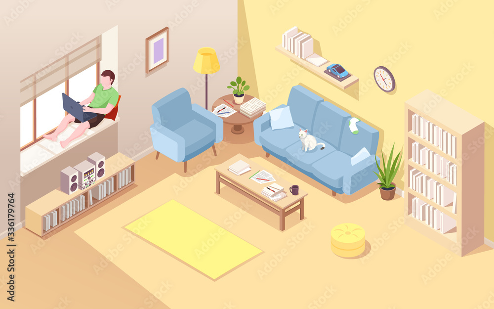Poster Freelancer on windowsill using notebook for doing remote job. Isometric vector living room with man near window working at laptop. Home office for male business concept. Comfortable workplace