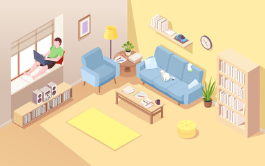 Freelancer on windowsill using notebook for doing remote job. Isometric vector living room with man near window working at laptop. Home office for male business concept. Comfortable workplace