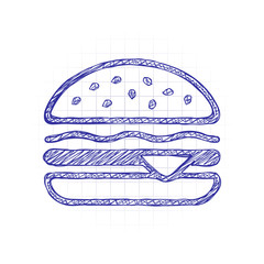 Hamburger icon. Fast food. Linear outline symbol. Hand drawn sketched picture with scribble fill. Blue ink. Doodle on white background