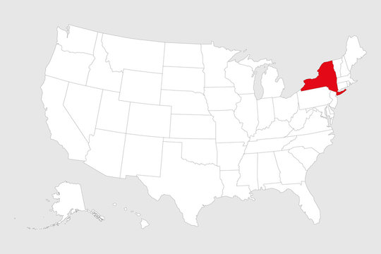 New york state highlighted on united states of america. Light gray background.