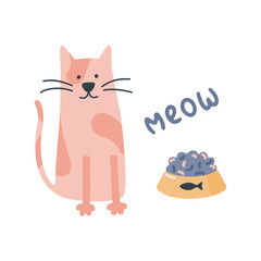 Flat vector cartoon illustration with cat and bowl isolated on white background. Home activity while isolation period. Graphic vector art. Cat character. Funny cartoon character. Cute design
