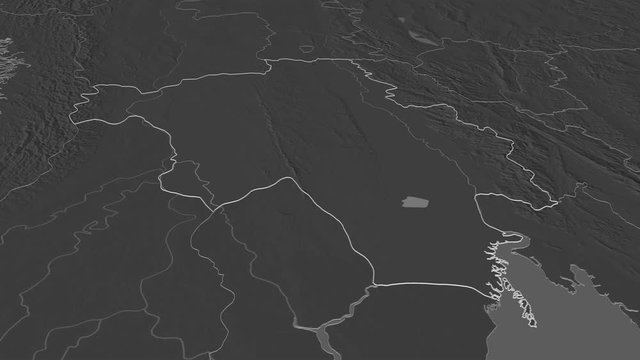 Bago, division with its capital, zoomed and extruded on the bilevel map of Myanmar in the conformal Stereographic projection. Animation 3D