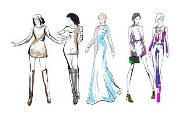Beautiful young women in modern style.. Hand drawn stylish woman portrait. Fashion lady. Festive outfit. Sketch. Fashion model posing in dress. Hand drawn fashion woman.