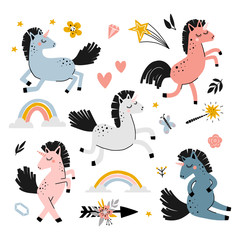 Set of unicorns and magical elements