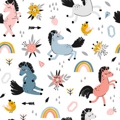 Unicorn vector hand drawn seamless pattern