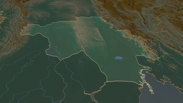 Bago, division with its capital, zoomed and extruded on the relief map of Myanmar in the conformal Stereographic projection. Animation 3D