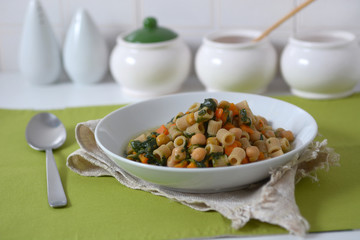 pasta with chickpeas, spinach and carrots - Italian food