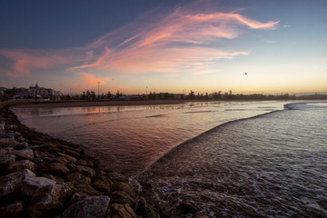 Sightseeing of Morocco. Beautiful sunset in Essaouira port.