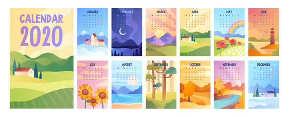 2020 Calendar with bunch of minimalist style landscapes of four seasons. Set of vector illustrations