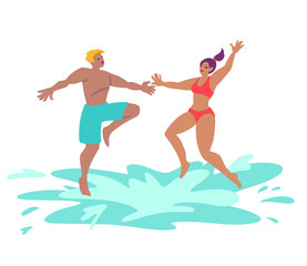Couple on summer beach vacation. Happy young man and woman jumping diving into pool.
