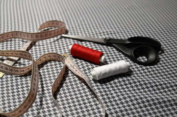 sewing tools, scissors with threads