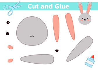 Educational paper game for preschool children. Use scissors and glue create funny kawaii rabbit. Activity worksheet. Happy Easter.
