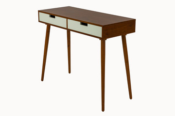 narrow brown table with drawers on a white background