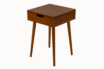 small brown table with a drawer on a white background