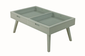 low white table with drawers and glass inserts