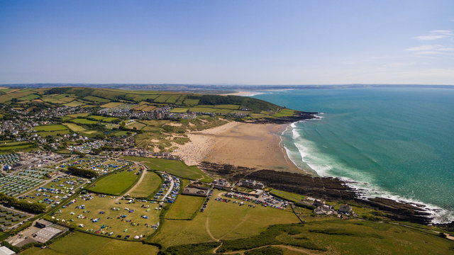 Aerial view of the UK's South West Coastline.  Panoramic image taken on a DJI drone of Croyde Bay