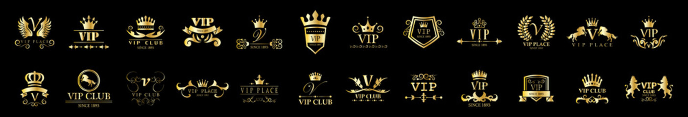 Golden Vip Logo Set - Isolated On Black Background, Vector Illustration. Icons Collection Of Golden Vip Logo, Gold Emblem And Label. Useful For Badge, Seal And Design Template. Luxury Logo Vector