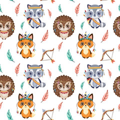 Cute boho animals and feathers pattern