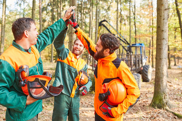 Group of forest workers celebrates as a team