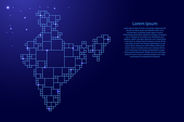 Fototapeta premium India map from blue pattern from a grid of squares of different sizes and glowing space stars. Vector illustration.
