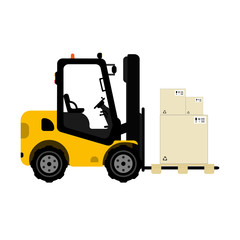 Isolated forklift with pallet and boxes on it. Flat vector illustration.