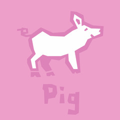 Illustration of cute pretty pig. Vector flat stylized piglet isolated on pink background. Baby lovely icon. Brutal modern style. Thick outline, text. Interactive card for learning English alphabet.