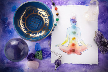 Reiki Healing chakra background, with watercolor painting and healing stones. Yoga, meditation...