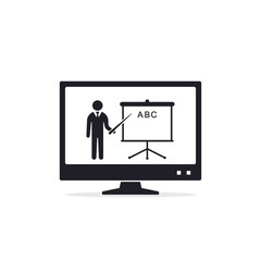 Online education icon, Computer monitor with teacher and blackboard, flat style vector illustration