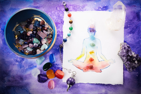 Reiki Healing Chakra Background, With Watercolor Painting And Healing Stones. Yoga, Meditation Concept.